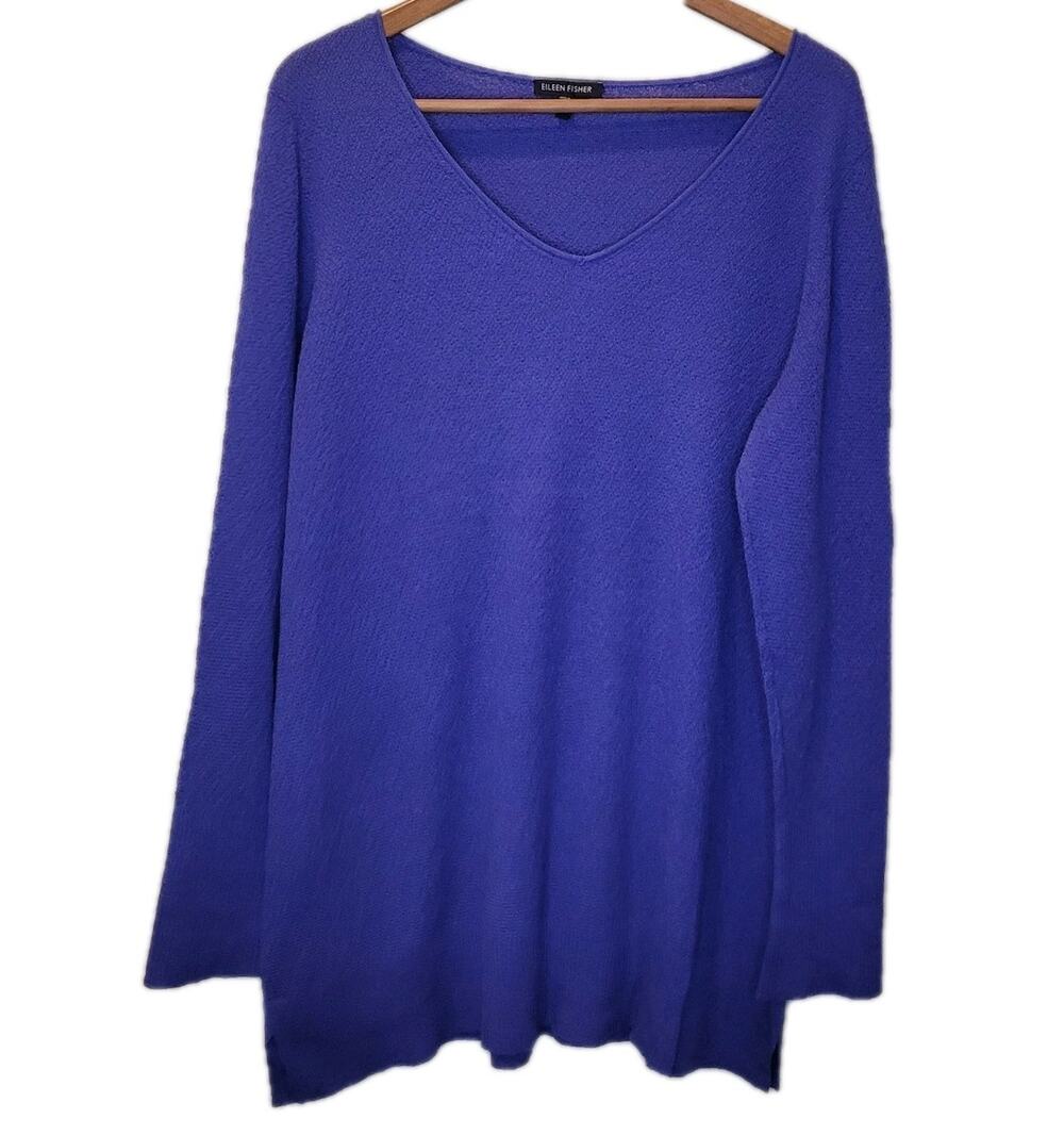 Eileen Fisher Wool Purple V Neck Long Sleeve Tunic Sweater Size Medium Classic